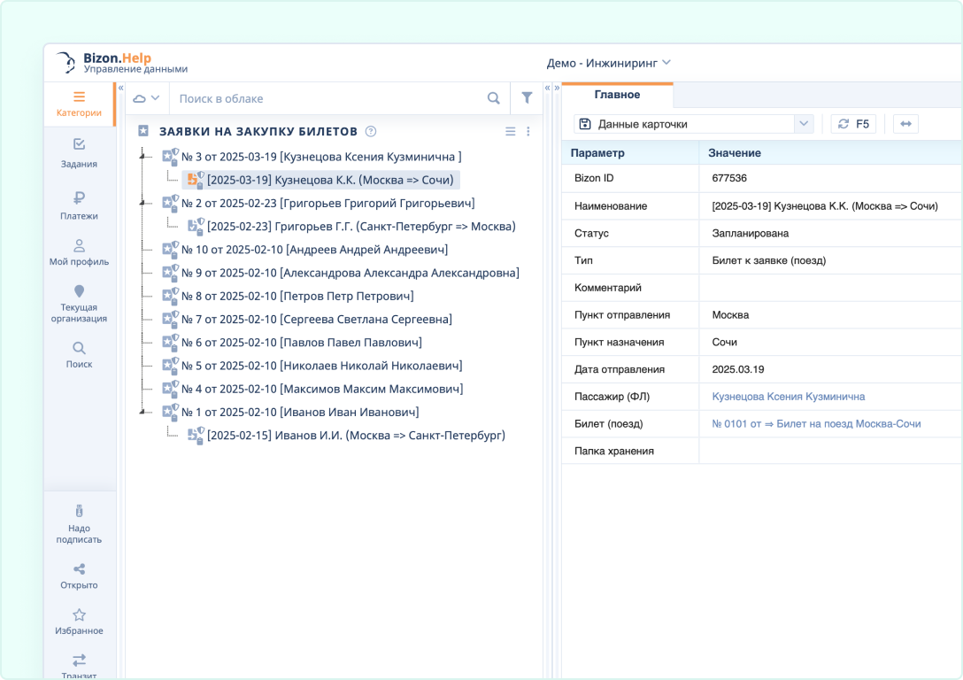 Рабочее пространство Bizon.help